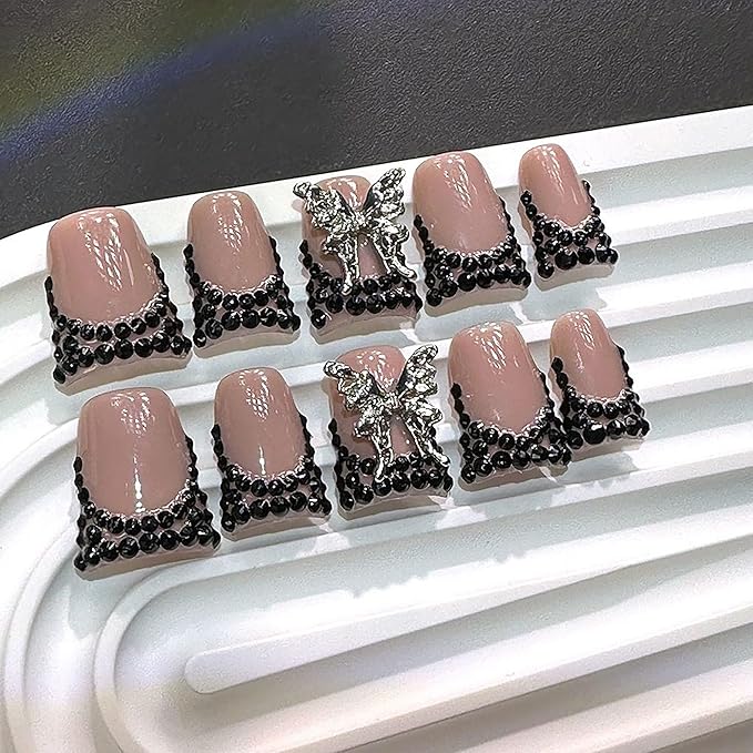 10Pcs Handmade Press on Nails Medium Fake Nails Duck French Tip Nails Press Ons Sparkly Artificial Acrylic Black Rhinestone and Butterfly Design Reusable Stick on Nail for Women (Size M)