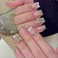 24Pcs White French Tip Press on Nails Short Square Gold Bow Fake Nails with Rhinestones Designs Full Cover Artificial Acrylic Nude Diamond Stick on Nails Reusable Glue on Nails for Women Manicure