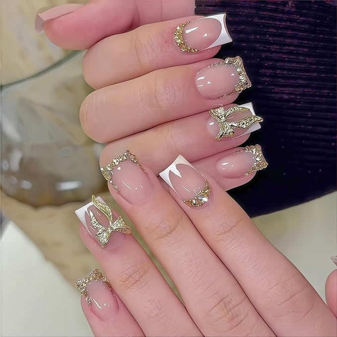 24Pcs White French Tip Press on Nails Short Square Gold Bow Fake Nails with Rhinestones Designs Full Cover Artificial Acrylic Nude Diamond Stick on Nails Reusable Glue on Nails for Women Manicure