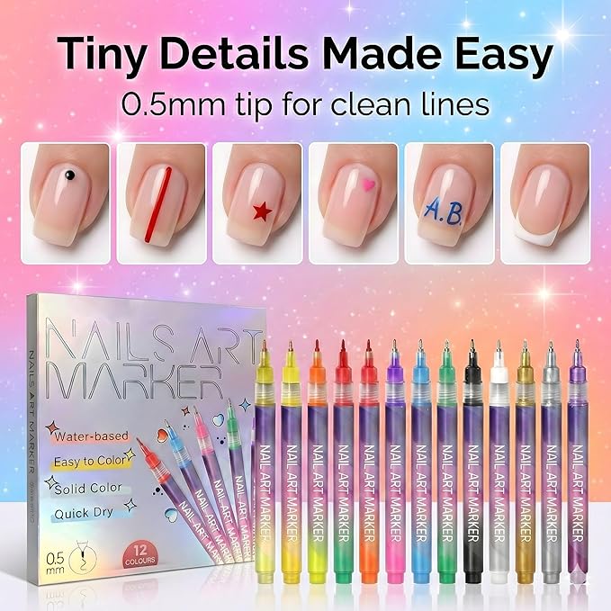 12 Colors Nail Art Pens Set – Nail Art Markers and Nail Markers, Nail Pens for Nail Art Designs, Nail Art Pens for Painting Nails, Fine Tip, Smooth Ink Flow for DIY Manicure
