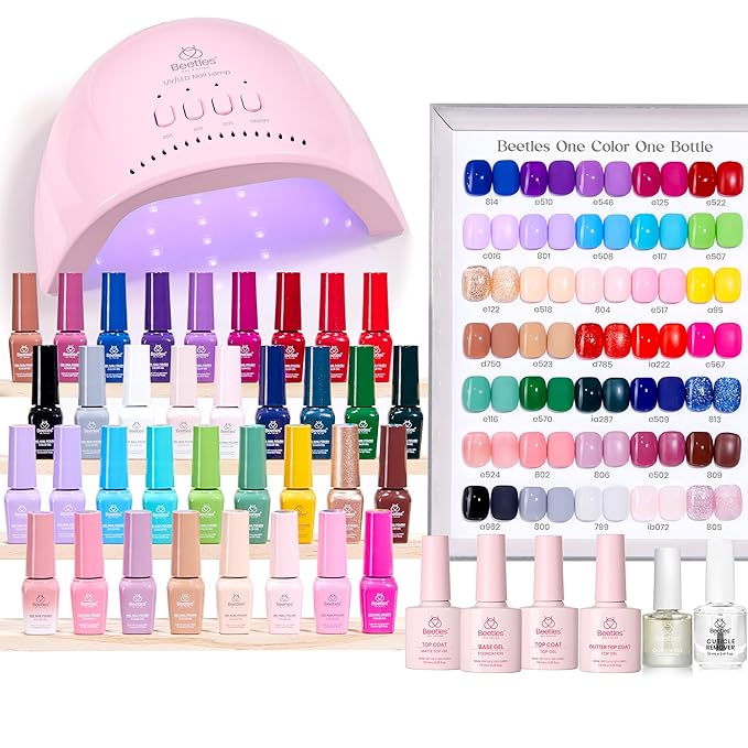 Beetles Gel Nail Polish Kit with U V Light - 35 Colors 68 Pcs Valentines Gel Polish Set One Color One Bottle Seasonal Whispers Nails Kit with Top Base Coat Beauty Must Have DIY Salon Gifts for Women