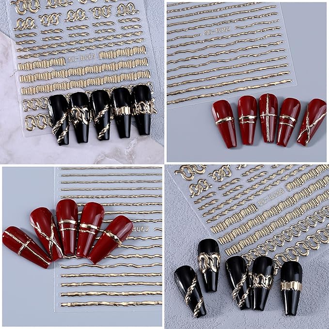 2 Sheets Gold Nail Stickers Embossed French Lines Nail Art Stickers 5D Self-Adhesive Gold Line Nail Decals French Nail Supplies for Women DIY Manicure Decorations