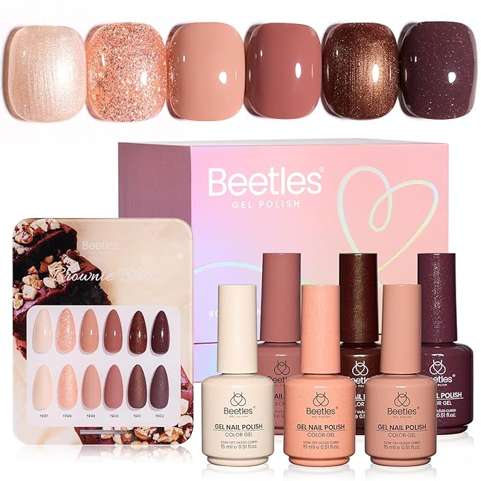 Beetles Brown Gel Polish Set, 6 Colors Light Dark Brown Color Gel Nail Polish Pearl Shimmering Soak off UV Led Lamp Needed Manicure DIY Salon Home Gifts for Women Brownie Bliss