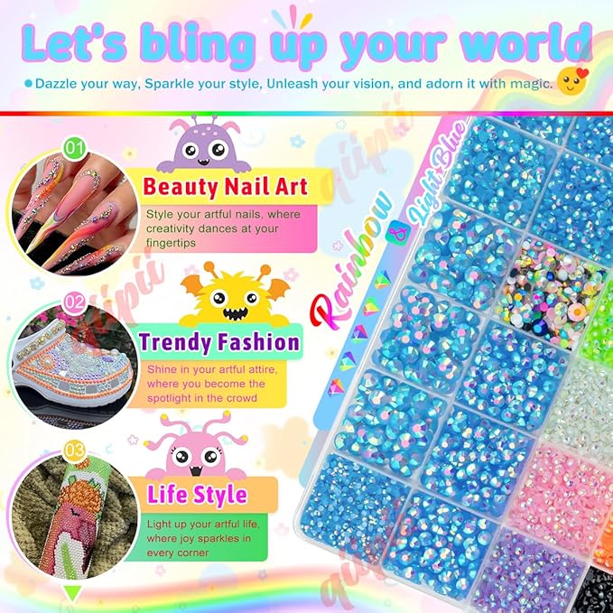 Light Blue AB Resin Rhinestones w B7000 Glue for Crafting Bedazzling 2mm-6mm Flatback Colorful Jelly Stones Diamonds Gems Bedazzler Kit for Nails Face Eyes Makeup Tumblers Bottles Crafts Shoes