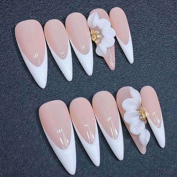Luxury Press on Nails Long Almond Handmade 3D Unique Reusable ABS Material Fake Nails White French Tip False Nails with Designs Floral Rhinestones Elegant Glossy Glue on Nail Thick Acrylic Nail(S)
