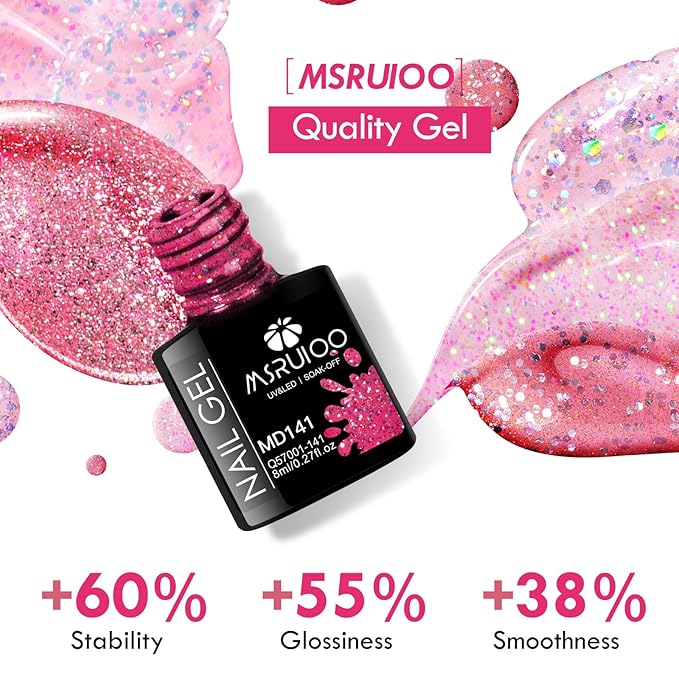 6Pcs Pink Glitter Gel Nail Polish Set Hot Pink Tones Sparkle Gel Polish Bright Pink Nail Polish Gel Suitable for Girls Women Manicure Lovers