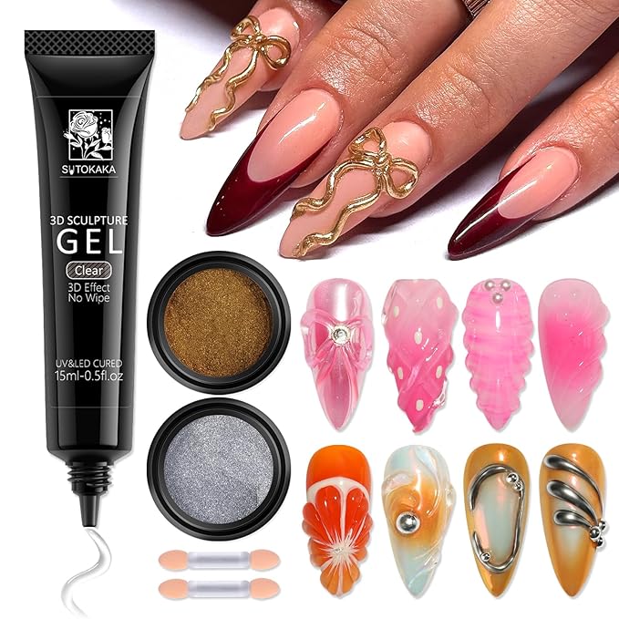 3D Gel Nail Art & Chrome Nail Powder Kit, 15g Clear Sculpting Gel No Wipe Molding Gels Glue with Gold Silver Metallic Mirror Effect Chrome Powder Manicure DIY Salon Home Use