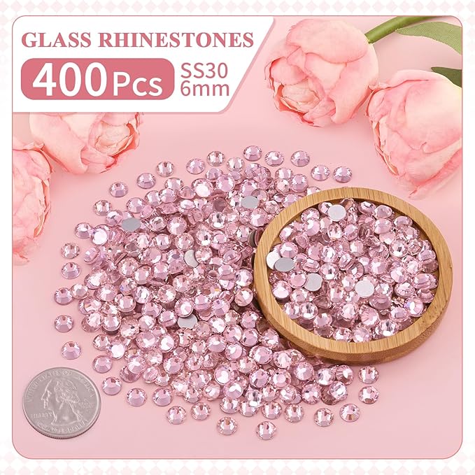 400PCS SS30/6mm Crystal Rhinestones (Light Pink) with 2Pcs 10ml B7000 Jewelry Glue, Bedazzling Flatback Glass Rhinestones for Crafting, Gems Diomand Charms for Tumbler Shoes Clothing Mugs Nail Art