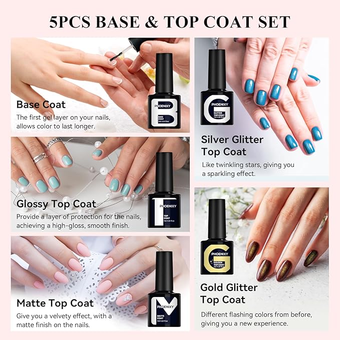 Phoenixy 30 PCS Gel Nail Polish, 25 Color Gel Nail Polish Kit 5pcs Base Coat Glossy Matte Gold Glitter and Silver Glitter Top Coat Fall Winter White Purple Pink Red Green Starter Gift for Women