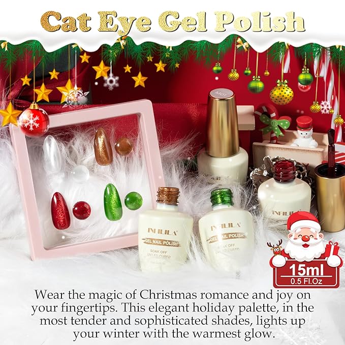 NXJ INFILILA Cat Eye Gel Nail Polish Set, 4 Colors 15ML Magnetic Nail Polish Kit - Christmas Red Green Silver Orange Glitter Gel Polish for LED/UV Lamp, DIY Home Salon Manicure Gifts for Women
