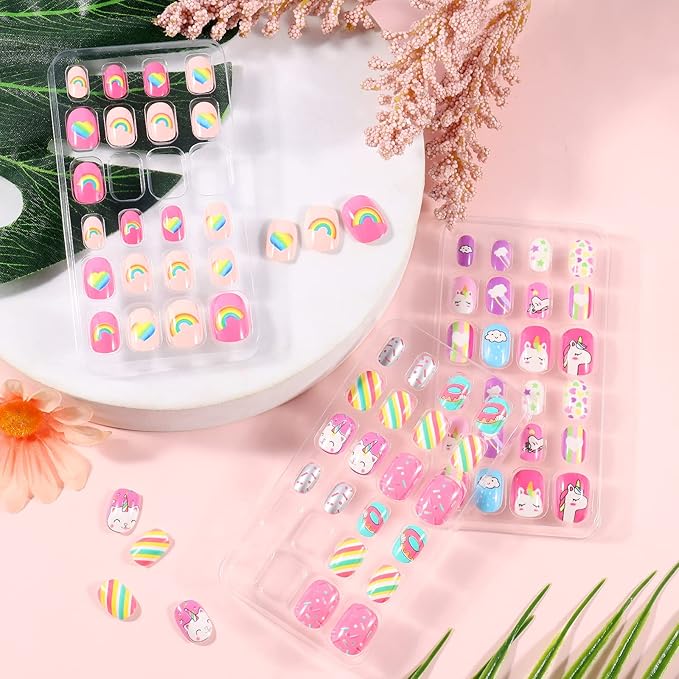 Laza 72pcs Children Nails Press On Pre-glue Full Cover Pink Yellow Blue Heart Doughnut Cloud Unicorn Short False Nail Kits for Kids Teenager Girls - Pink Rainbow