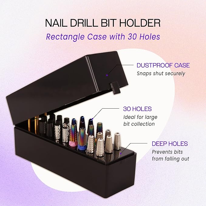 PANA Rectangle Nail Drill Bit Holder Display Organizer Case - Dustproof Carbide Bit Storage Container Box For Manicure Tools Nail Salon - 30 Holes Black (Drill Bits Not Included)