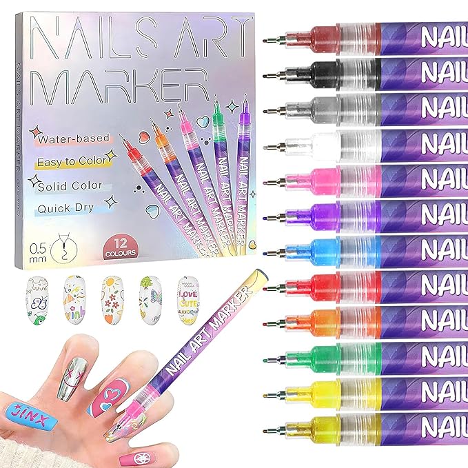 12 Color Nail Art Pens Set, 2026 New Nail Markers, 3D Waterproof & Quick-Dry 0.5mm Nail Polish Pens, Nail Art Marker Graffiti Dotting Pen for Nails Art Design Manicure Nail DIY Decoration