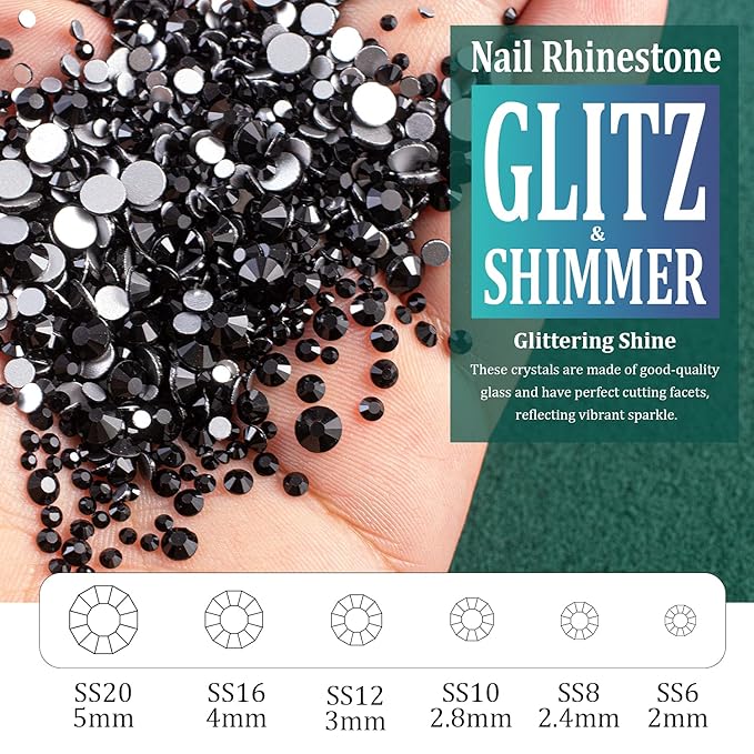 6 Sizes Black Glass Crystal Kit with Pickup Pen + Tweezer Tools for Shine Nail Art Manicure Makeup DIY Decoration Flatback Round Rhinestone Gem Jewelry Diamond
