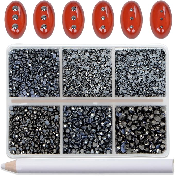 Bymitel Hotfix Crystal Rhinestones Round Gems for Crafts,Mixed 6 Sizes with Wax Pencil Kit, Jet Hematite 1.3-3.2mm(SS3-SS12/8000pcs)