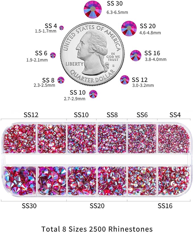 Beadsland Rhinestones for Makeup,8 Sizes 2500pcs Light Red AB Flatback Rhinestones Face Gems for Nails Crafts with Tweezers and Wax Pencil,Light Siam AB,SS4-SS30