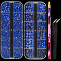 Multi Shapes Dark Blue 3D Glass Crystal Nail Art Rhinestones Kit with Flatback Round Bead Charm Gem Stone Jewelry Diamond with Pickup Pen + Tweezer for Manicure Makeup DIY Craft Decoration