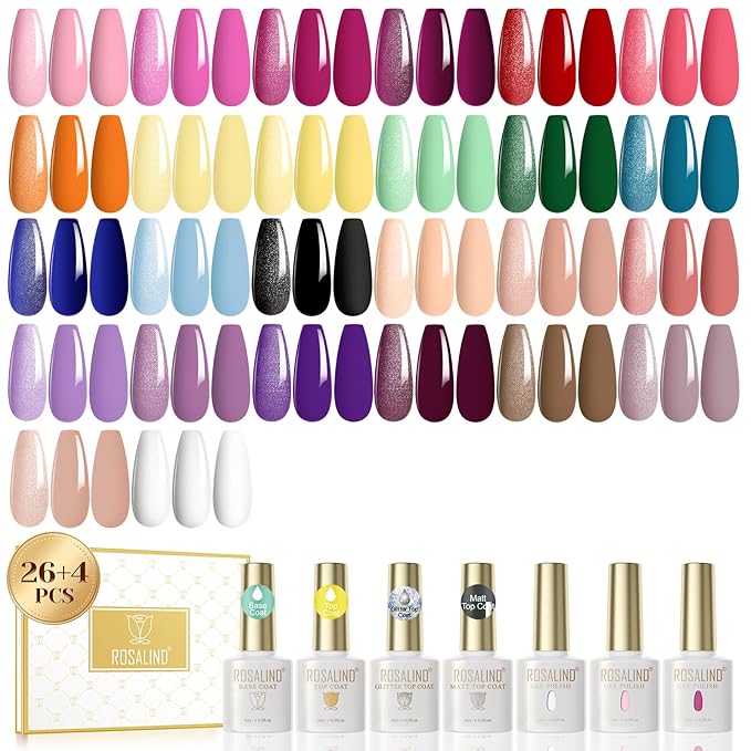ROSALIND 30pcs Glass Bottle Gel Polish Set with Base and Glossy & Matte & Glitter Top Coat, 26 Colors Gel Nail Polish Set Pink Nude Yellow Black White Nails U V Needed Salon DIY Gift for Women