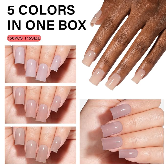 AILLSA RealFit Nude Tone Mixed Color Press On Nails Short Square, 4 in 1 False Nail Tips Set Long Lasting Fake Nail Extensions For Nail Art DIY 150 PCS