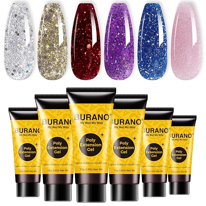 BURANO Poly Extension Gel Nail Kit, 6 Colors Nail Poly Nails Builder Gel Set for Beginner & Professional Using, DIY Starter Kit Nail Art Gift (Glittery)
