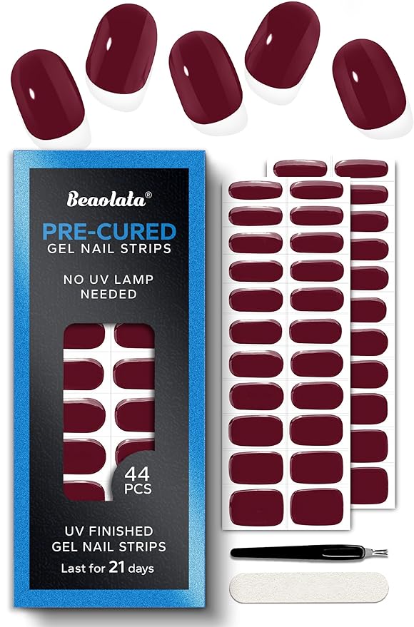 Pre Cured Gel Nail Strips - 44PCS Salon Quality Gel Nail Stickers - Long Lasting Polish Wraps for Women no UV Light Needed Easy Apply & Remove (Rose Red)