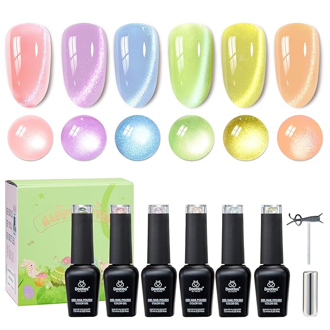 Beetles Sugar Meadow Cat Eye Gel Nail Polish Set - 6 Colors Easter Cat Eye Pastel Gel Polish Kit Glitter Pink Purple Green Blue Orange Peach Yellow Magnetic Soak Off UV Manicure Spring Gift for Women