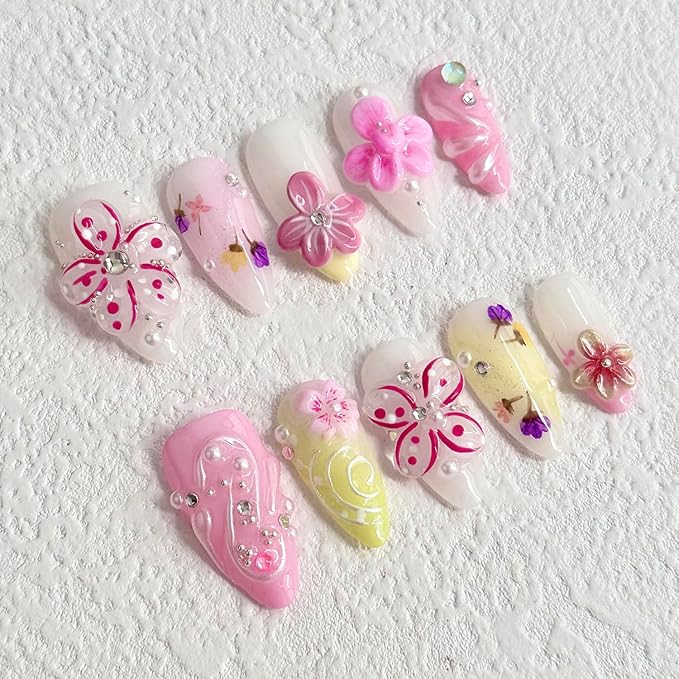 Luxury Press on Nails Medium Almond Handmade 3D Unique Reusable ABS Material Fake Nails Cute Pink False Nails with Designs Rhinestones Flower Art Petal Glossy Glue on Nails Thick Acrylic Nails(M)