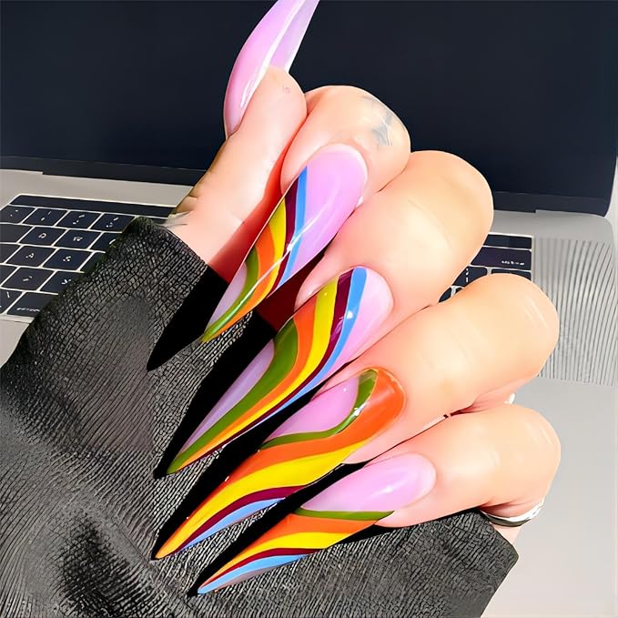 Fall Long Almond Tip Press on Nails xl Stiletto Shape Nails Press Ons Colorful Design Fake Nails Full Cover Glossy Acrylic False Nails Gift for Wemons 24pcs