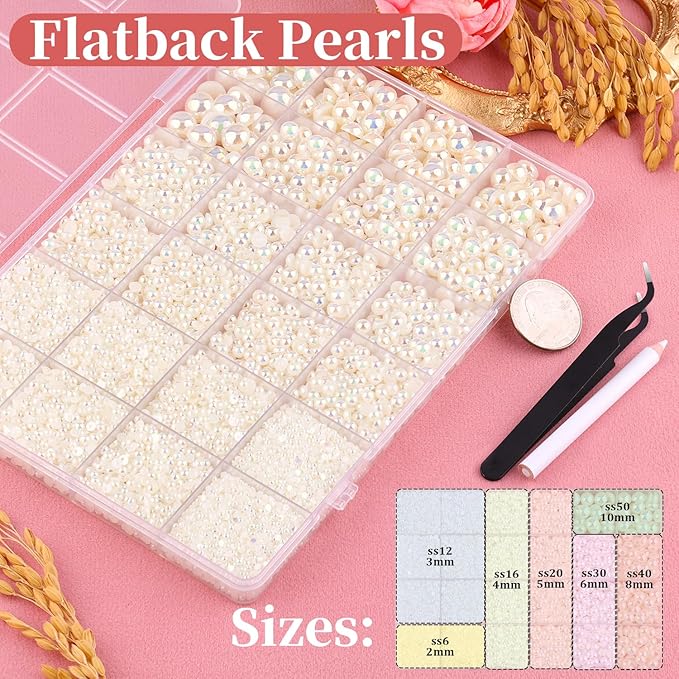 13000Pcs Flatback Pearls for Crafting (Beige AB), Assorted Size 2/3/4/5/6/8/10mm Half Pearl with 3Pcs 10ml B7000 Jewelry Glue, Bedazzling Bead for DIY Crafts Clothing Tumblers Shoes Nail Art