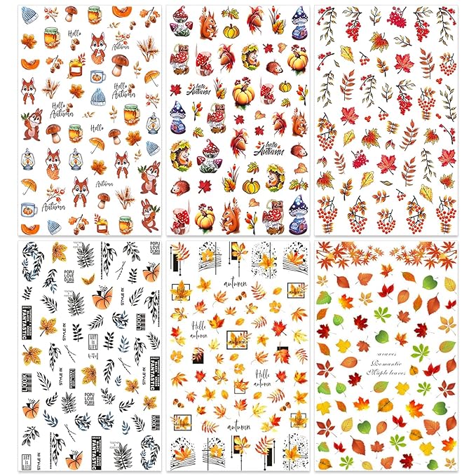 Fall Nail Stickers - Autumn Squirrel Pumpkin Leaves Self-Adhesive 3D Nail Decals for Women Girls DIY Thanksgiving Day Maple Manicure (6 Sheets)