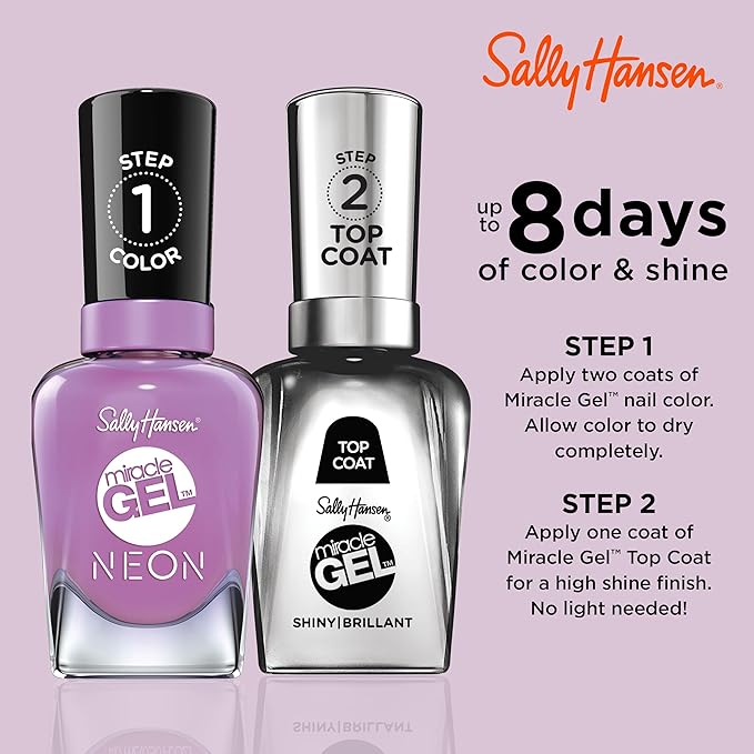 Sally Hansen Miracle Gel Neons Salon Quality Nail Polish | Gel-Like Formula, Two-Step System, No UV Light Needed, Long Lasting | Opaque, Glossy | 54 Violet Voltage | Bright Purple Nail Color