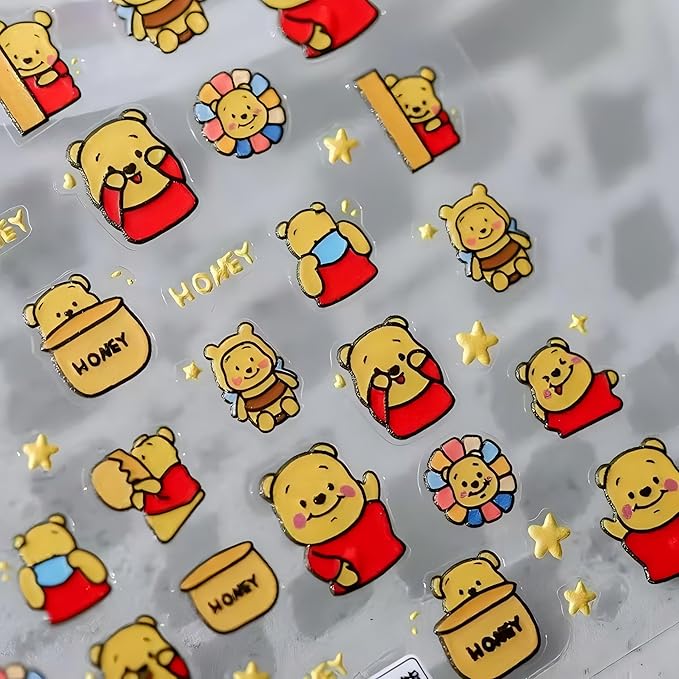 Dedyel Cute Nail Stickers 5D Embossed Cartoon Bear Nail Stickers Kawaii Animal Self-Adhesive Nail Decals for Women Girls Kids Nail Art Decoration