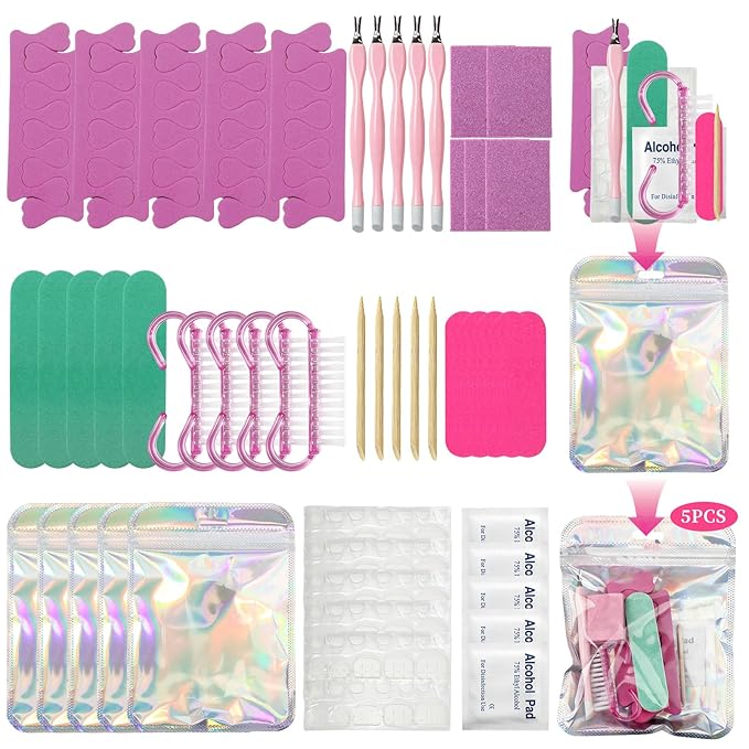 TADOPRO 5PCS Press On Nail Tool Kit, Disposable Nail Prep Kit for Toenails Salon Home Nail Business Supplies with Toe Separators, Nail File, Handle Grip Nail Brush, Cuticle Trimmer Push, Nail Buffer