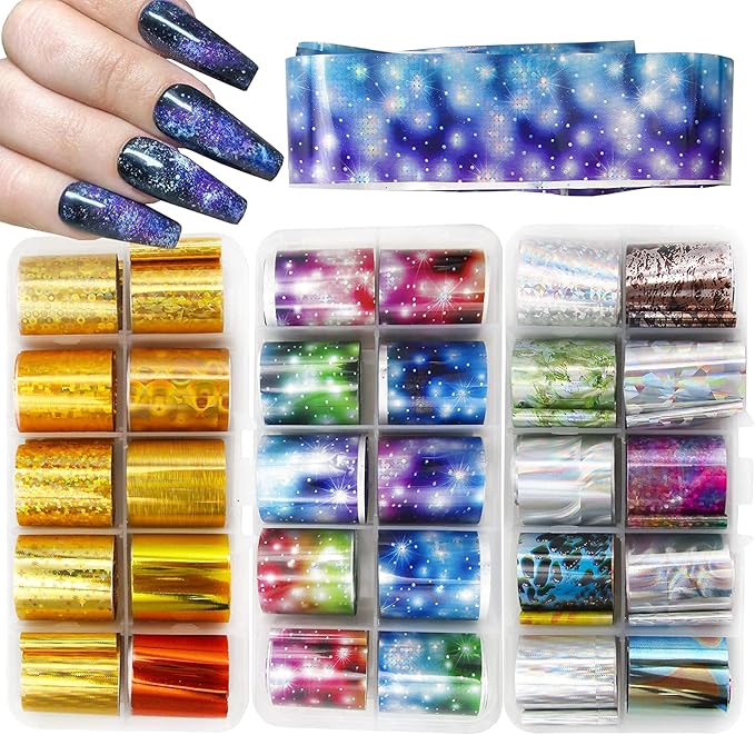 30 Sheet Holographic Transfer Nail Foil Stickers Starry Sky Nail Art Foils Sticker Wraps Metallic Gold Silver Laser Transfer Nail Decals for Manicure Design Decor(Holographic Starry)