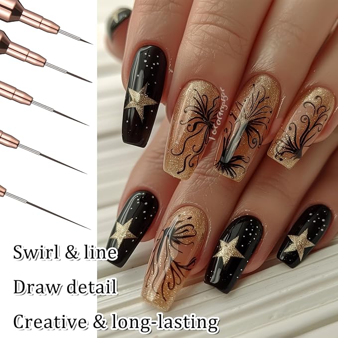 5 PCS Nail Liner Brush, Fine Nail Art Brushes, Nail-Art Liner Brushes Black UV Gel Polish Painting Tools for Long Lines, Thin Details, Fine Drawing, Sizes 4/8/12/20/25mm