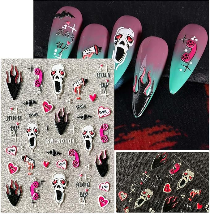 Attractive Designs Halloween Nail Stickers, 5D Embossed Self Adhesive Art Decals,Skull Ghost Spider Webs Pumpkin Bloody Eyes Bat Perfect for DIY Nails Halloween-Themed Party Gift