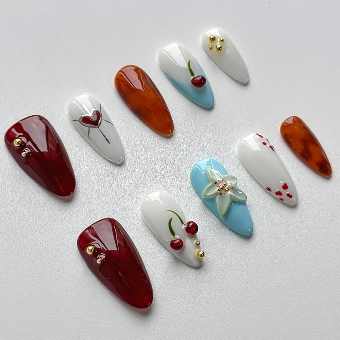 Luxury Press on Nails Medium Almond Handmade 3D Unique Reusable ABS Material Fake Nails French Tip False Nails with Designs Cherry Flower Glossy Heart Glue on Nail Thick Acrylic Nail(S)