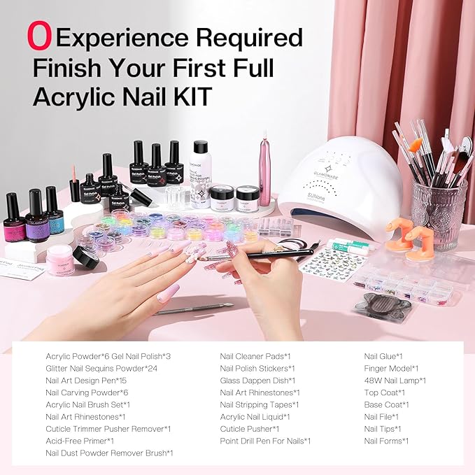 Acrylic Nail Kit for Beginners: 0 Experience Needed to Complete Acrylic Nail Starter Kit with 48W Nail Lamp & Drill for Home DIY Manicure