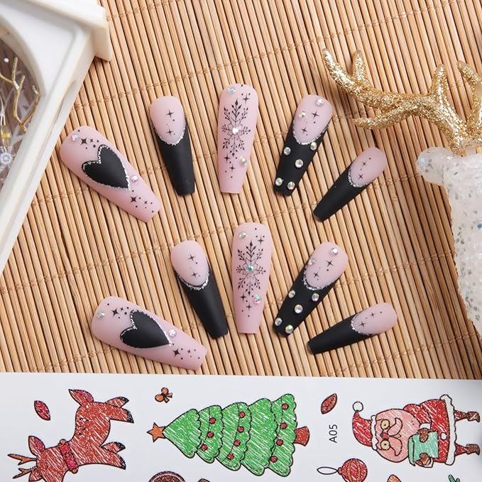 24pcs Black Long Square French Tips Press On Nails with Snowflakes, hearts and stars for Themed Costumes, Reusable Nail Kit with Nail Adhesive Tabs Mini Nail File, 12 Sizes (Black)
