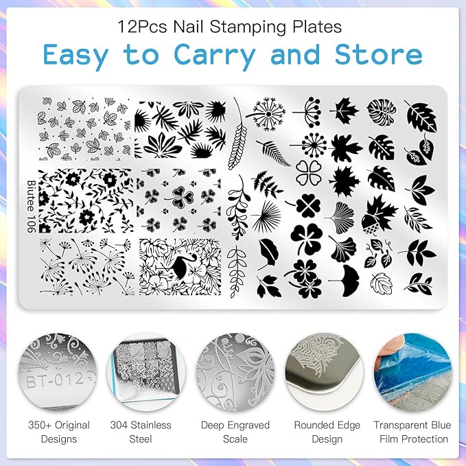 Biutee Nail Stamper Kit 12Pcs Nail Art Stamping Plate 8 Colors Stamp Polish Gel with Top Coat and Base Coat Set Silicone Stamper Scraper, Nail Stamp Plates Love Flower Butterfly Leaf Holiday Design