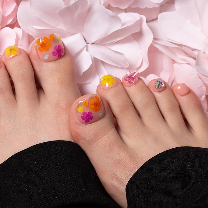 LOVFUL Handmade Acrylic Press on Toenails Flora | Salon Quality 20 PCS Free Size Toe Nails | Reusable Fake Nails for Toe | T176