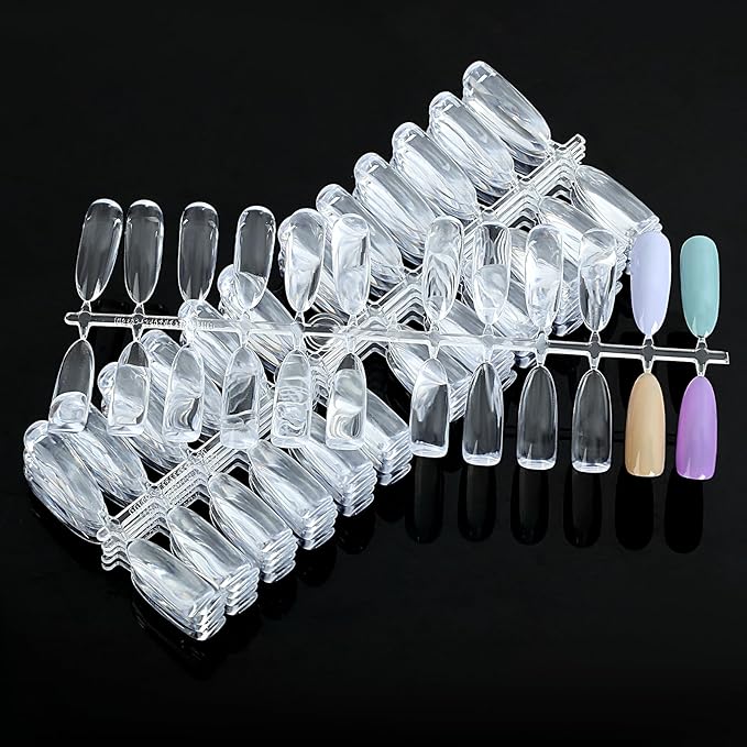 240PCS Flat Long Almond Nail Display Tips,Solid Clear Acrylic Nail Color Swatches for Nail Art Design Pattern Practice and Nail Display