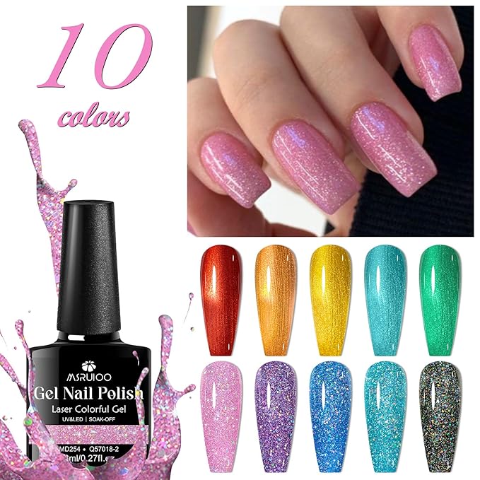 12Pcs Metallic Gel Nail Polish + Reflective Glitter Gel Polish Red Orange Pink Blue Green Neon Nail Polish Gel for Home Salon DIY Manicure Gift