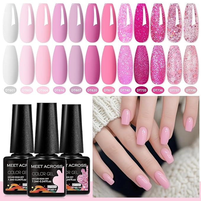 MEET ACROSS 12pcs Gel Nail Polish Set,Soak Off UV LED Lamp Gel Nail Polish Kit,Fashion Shimmer Nail Art Design Gifts for Women Manicure Salon (Pink-2)