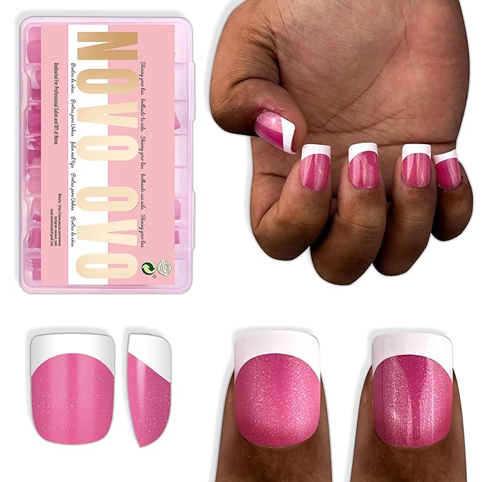 NOVO OVO Extra Short White French Tip Nail Tips, XS XXS Square Round ROSE PINK, for Wide & Short Nail Beds, Thick Full Cover Press on for Women Men, Soft Gel Acrylic Extension kit, 16 Sizes x 224pcs