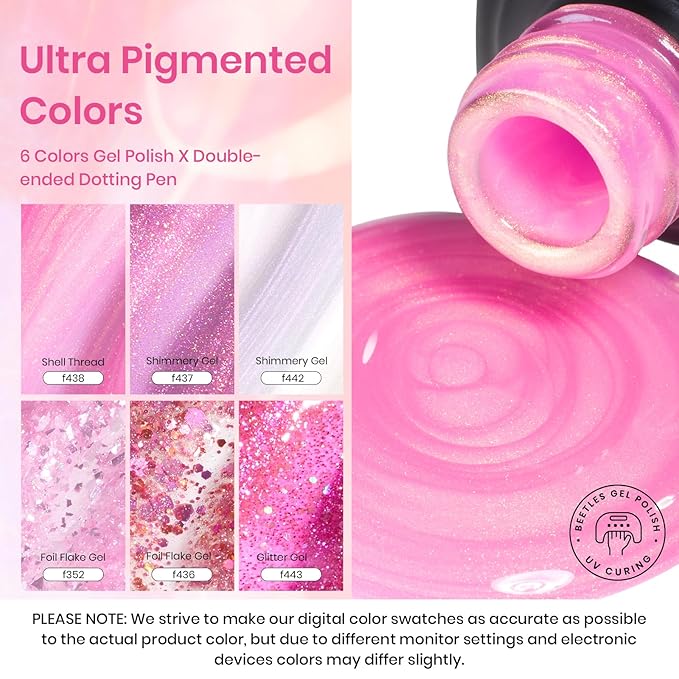 Beetles Gel Nail Polish Set – 6 Pink Shades with Shimmer & Glitter Soak Off UV LED Gel Polish Kit Long Lasting Pink Reverie Collection DIY Home Salon Manicure Gift for Women & Girls
