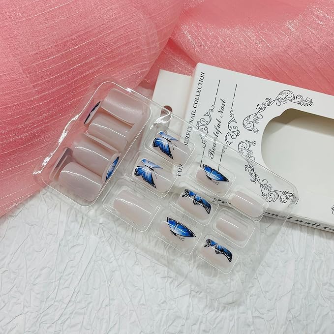 Square Press on Nails Short Fake Nails with Designs Butterfly Stick on Nail Blue French Acrylic False Nail Glossy Artificial Nail Full Cover Glue on Nails for Women 24Pcs