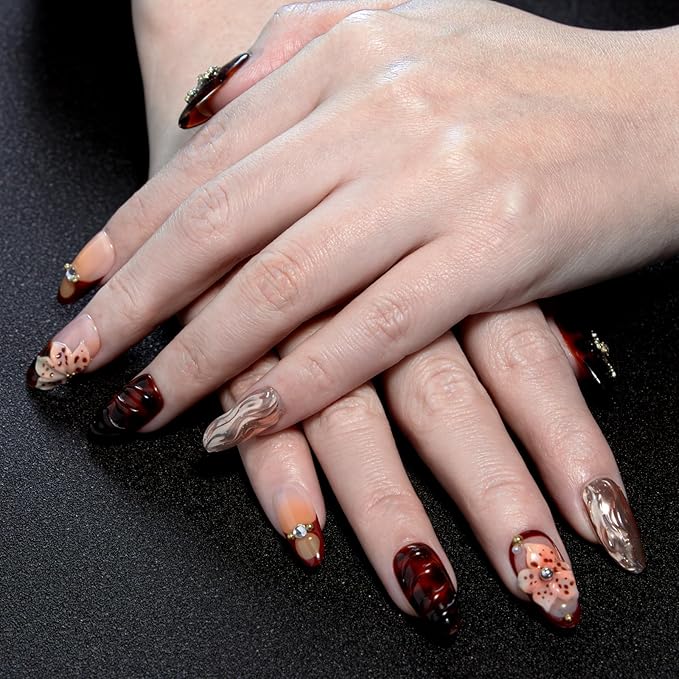 Vintage Luxury Handmade Press On Nails – Glossy Amber False Nails with 3D Carved Flower, Cross Charms & Rhinestones, Reusable Stick on Sculpted Nails for Women (Size M)