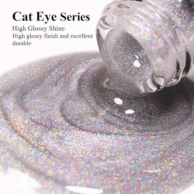 Imtiti Rainbow Cat Eye Gel Nail Polish, 15ML Holographic Glitter Cat Eye Gel Polish with Magnet UV LED Magnetic Gel Nail Polish Iridescent Sparkly Home DIY Manicure Nail Salon Kit