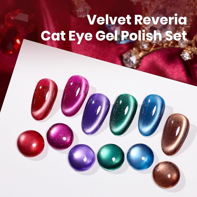 Beetles Cat Eye Gel Nail Polish Set - 6 Colors 15ML Glitter Gel Polish Kit Red Pink Brown Burgundy Purple Blue Green Magnetic Stunning Effect Soak Off UV Nail Art DIY Home Manicure Gift for Women